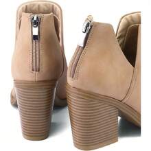 Women's Slip-On Ankle Boots – Cutout Pointed Toe Chunky Mid Heel Booties For Casual, Work & Daily Wear - Light Brown - 查看 4