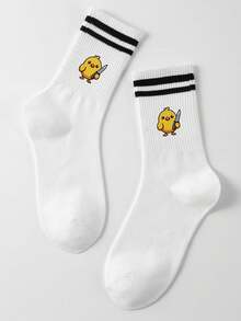 1/5/9 Pairs,Yellow Duck Cartoon Pattern Women's Mid-Calf Socks Set,Women's Fringed Socks,Plush Socks, Fall Clothes,Accessories,Knee High Socks,Halloween Gifts,Stitch Stuff,Christmas Gifts,Black Double Bar - Multicolor - View 20
