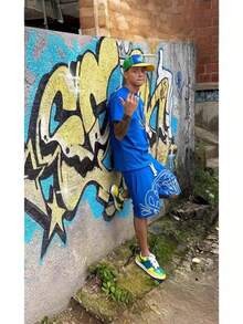 Men's Casual Street Fashion Hip-Hop Suit, Men's T-Shirt Printed Shorts Short-Sleeved Shirt Suit Two-Piece Set - 深藍色 - 查看 2