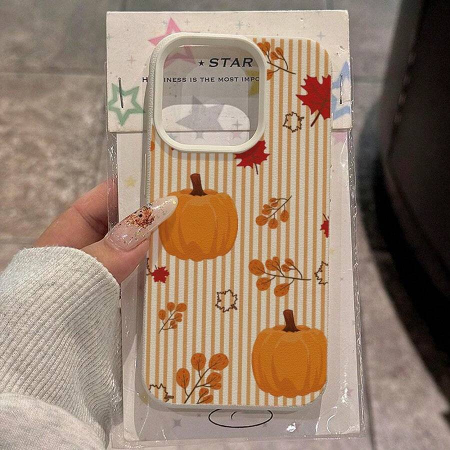 1pc TPU Material Autumn Leaf & Pumpkin Orange Striped Pattern Phone Case Compatible With IPhone/Compatible With Redmi Phones,International Version, Not The Domestic Version - White - View 1