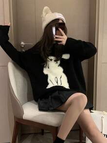 女士宽松蓬松3D兔毛毛衣，秋冬 - 黑色 - 查看 7