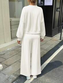 Fisoew Women Batwing Sweatshirt Wide Leg Pants Set Casual Fall Loungewear Two Piece Outfit Cozy Sweatsuit - 白色 - 查看 4