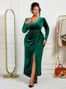 BIUBIU Women's Autumn/Winter Fashion Party Dress, V-Neck, Long Sleeve, Waist Cinched, Crossover Ruffle Hem Slit, Solid Color Velvet Mid-Length Dress