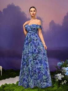 Charmantes vintage blaues Blumenprint Mesh Maxikleid, Off-Shoulder Ausschnitt und Ärmel, geeignet für formelle Anlässe, Hochzeiten, Abschlussfeiern, formelle Abendessen, Partys