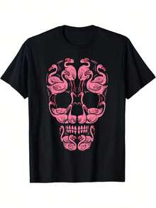 Camiseta de cuello redondo para hombres de Halloween de conciencia sobre el cáncer de mama con calavera de flamenco rosa, cómoda y casual de manga corta de verano - Negro - Ver 1