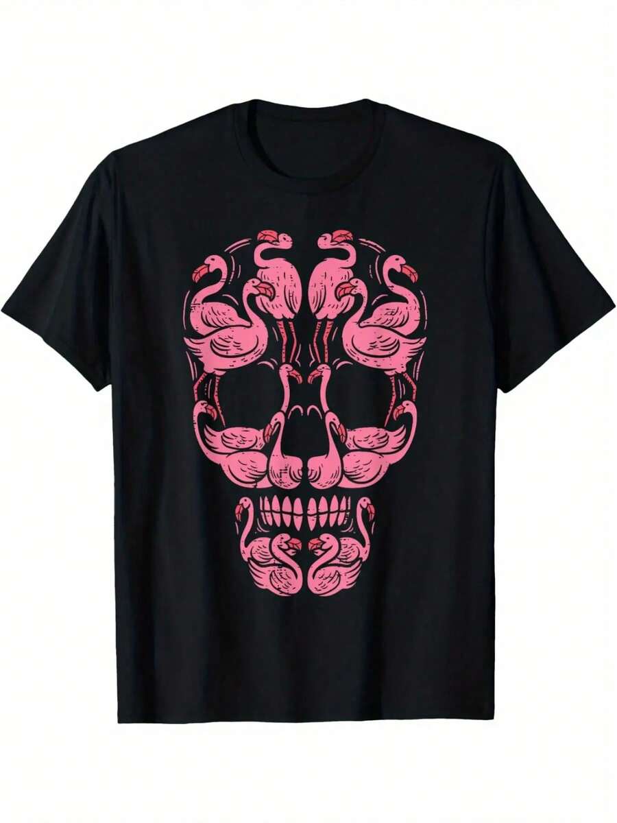 Camiseta de cuello redondo para hombres de Halloween de conciencia sobre el cáncer de mama con calavera de flamenco rosa, cómoda y casual de manga corta de verano - Negro - Ver 1