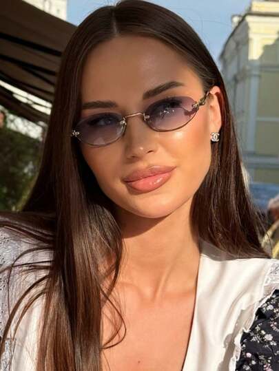 1 pieza Gafas elegantes de estilo británico con montura metálica y marco pequeño ovalado sin marco en color gris oscuro, versátiles y adecuadas para usar a diario, en la playa, al aire libre y en viajes