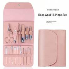 Set Of 16 Premium Stainless Steel Manicure And Pedicure Tools - Modern Style Nail Scissors Set With Straight Edge Nail File, Ear Pick, Scissors - Professional Travel Beauty Care Tools - Pink - View 3