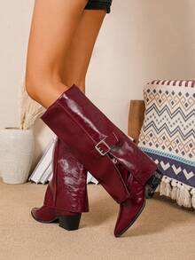 Women's High Heel Boots, Pointed Toe Chunky Heel Wedge Cowgirl Style Thigh High Boots, Retro Knee-High Boots, Fashion Western Boots - Burgundy - View 7