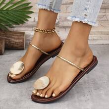 2025 Mode Damen Flache Sandalen mit dekorativem rundem Schnallenverschluss - Offene Zehenpartie, Slip-On Design, aus PU Obermaterial, bequeme Gummi-Flachsohle - ideal für Innen, Außen Urlaub, Damen Sandalen, Zehentrenner