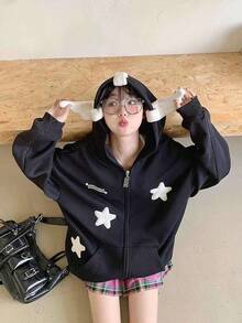 Women Cute Shark Hoodie Long Sleeve Blue Kawaii Animal Shark Shape Hooded Pullover Sweatshirts - 02-黑色 - 查看 5