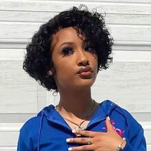 Chic Short Pixie Cut Curly Wave Wig For Women 13x4x1 T-Part Lace Front, Remy Human Hair, Natural Black, Versatile Hairstyle | Voluminous Short Wig | Stylish Wig Design For Daily Wear & Cosplay & Parties & Music Festival & Christmas Party Wig - Natural Black - 查看 3