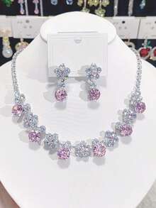 1 套粉色和白色锆石嵌入式项链和耳环首饰套装，采用泪珠宝石的迷人设计，适合晚会和婚礼等正式场合 - 項鍊耳環套裝 - 查看 9