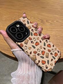 1pc Fashionable Retro Autumn Brown Pumpkin & Leaf Coffee Print Vertical Striped High-End Faux Leather Anti-Fall Anti-Fingerprint Shock-Proof Phone Case Compatible With Apple And Models - Multicolor - View 6