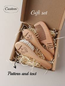 Customized Baby Shower Gift Set Natural Beechwood Flat Comb Set With Wool Brush & Massage Cushion - Personalized Name & Animal Designs For Hair Care & Scalp Health,Christmas Gift Supplies