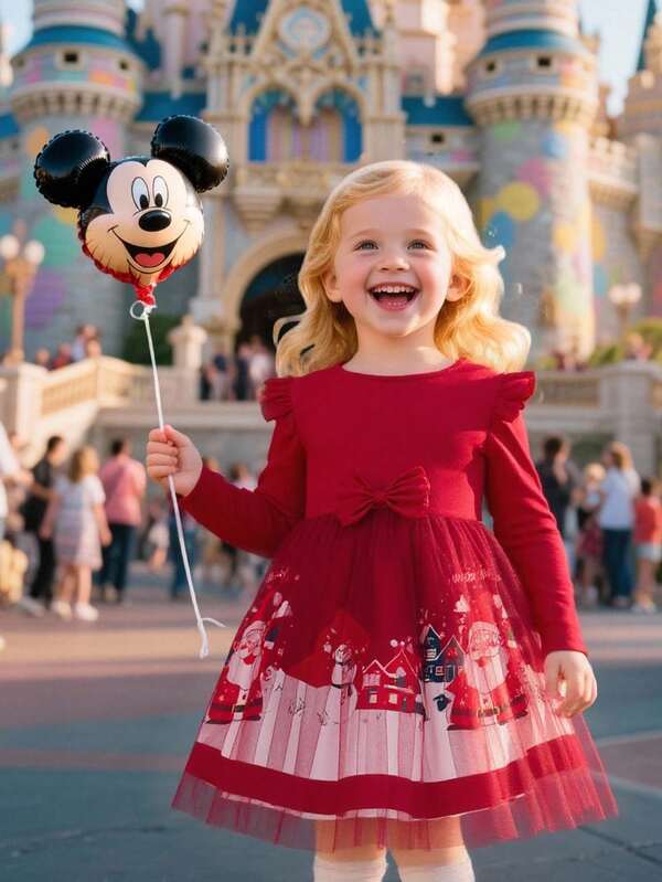 Seven Princess 1 Stück Mädchen Prinzessin Stil Weihnachts Tüll Kleid, Rundausschnitt Kurzarm Mädchen Prinzessin Kleid, geeignet für Outdoor, Party, Feiertage, Schule, Weihnachten, Herbst/Winter