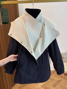 女士秋冬夹克，时尚拼接大翻领连帽设计，抽绳腰部，高品质时尚百搭外套风衣