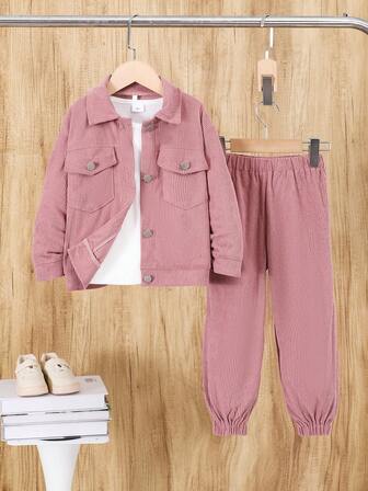 Girls Toddler Solid Color Casual Velvet Long Sleeve Jacket + Elastic Waist Pants, Autumn/Winter