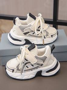 1 Pair Kids' Mesh PU Hook And Loop Style Breathable Non-Slip Casual Sports Shoes, Suitable For Spring And Autumn