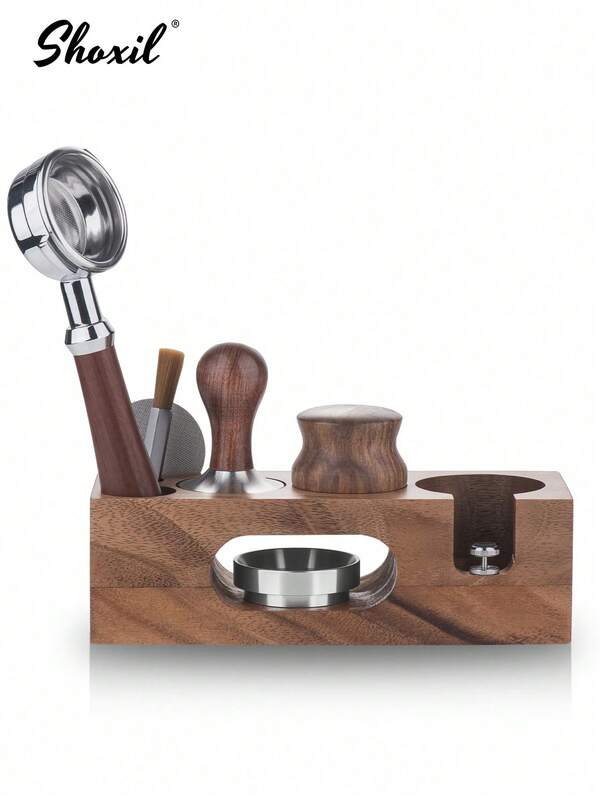 shoxil 1pc Espresso Tamping Station, Wooden Coffee Tamper Station, Espresso Organizer & Portafilter Holder, Espresso Tamping Base & Portafilter Stand, Coffee Station Organizer For Countertop, Espresso Accessories