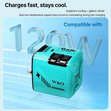 W&O Bộ sạc tường nhanh 3 trong 1 GaN 120W 3 trong 1 với bộ đổi nguồn 100-240V đa năng, cáp thu gọn 32 inch, phân bổ nguồn thông minh để sạc nhiều thiết bị, bảo vệ quá tải/nhiệt độ, thiết kế ổ cắm nhỏ gọn cho ổ cắm đông đúc – Tương thích với iOS 16/15/S25 Ultra, vật dụng thiết yếu cho phòng ký túc xá đại học, phụ kiện bàn làm việc Nan - Xem 5