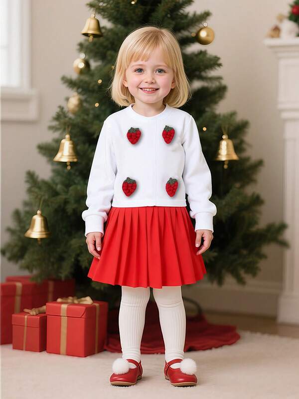 Autumn/Winter Girls Waffle Strawberry Graphic Round Neck Long Sleeve Cardigan + Solid Soft Pleated Skirt Set
