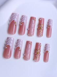 24片长方形亚克力美甲贴纸，白色粉末扎染3D立体凝胶金色仿珍珠美甲，适合女性和女孩，美甲沙龙可爱法式假指甲，包含1片果冻凝胶，1片指甲抛光条美甲用品 - 彩色 - 查看 2