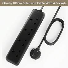 LIPWEL British Minimalist Style Extension Cord, 39"/71"/118"/197" Length Options, 4-Outlet Power Strip, Fire-Resistant Power Socket, Black, 3250W Multi-Function Plug, And Fire-Resistant, With Wall Mounting Holes, Wall-Mountable, Plug Made Of Flame-Retardant PC Material, Soft Power Indicator Light, Suitable For Home, Office And Garden. Extension Cord Power Strip - UK Plug(220-240V) - View 9