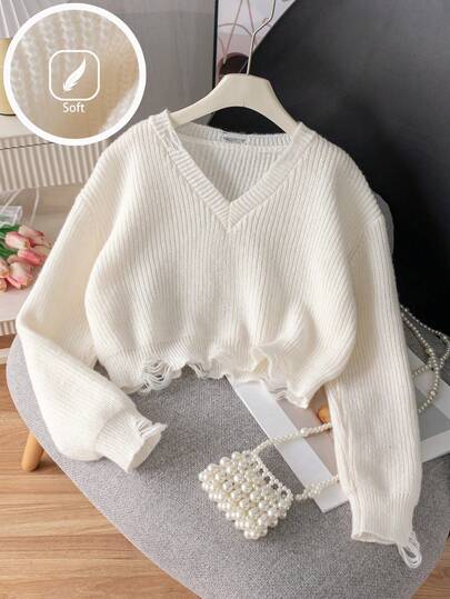 Girls' V-Neck Solid Color Cropped Knit Pullover Sweater, Suitable For Vacation & Casual Wear, Spring/Autumn/Winter