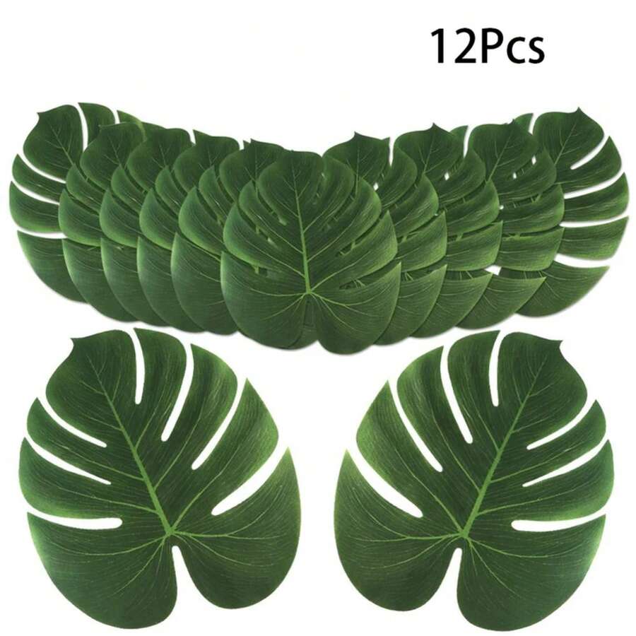12 piezas de hojas de palma tropicales, hojas artificiales, decoración de boda, planta de jungla verde, hoja hawaiana, decoración de fiesta en casa - Hoja talla M - Ver 1