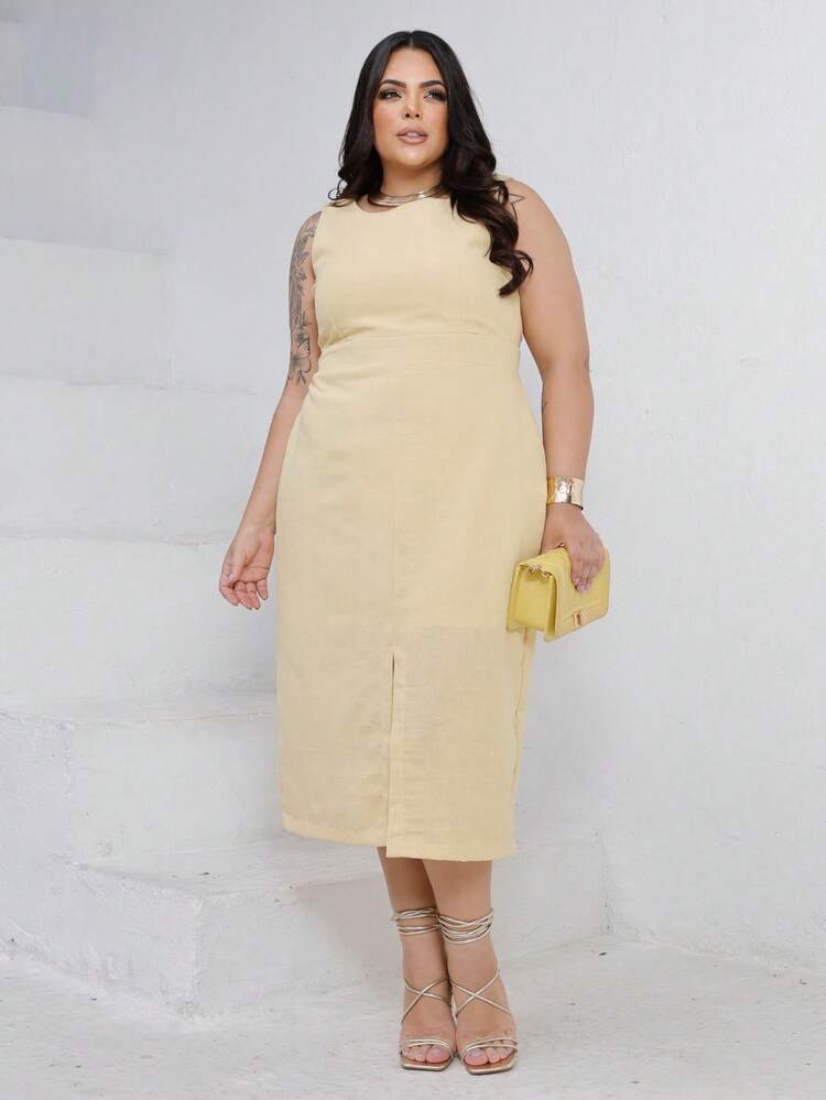 Plus Size Linen Midi Dress Sophisticated Casual Elegant Linen Evening Holiday Wedding Office - Màu vàng - Xem 1