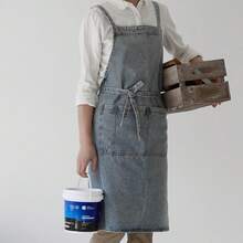 1pc Korean Style Thick Cotton Canvas Denim Apron, Anti-Stain Household Kitchen Work Uniform Bib, Barista Apron - Multicolor - View 4