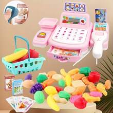 Tecforood 1 Mini Simulated Cash Register Toy With Light Blue As The Main Color And Printed With Cute Patterns Such As Fruits. It Has A Cute Supermarket Style, High-Quality Plastic Material, And Restores The Shape Of A Real Cash Register (Including Rich Details Such As Calculator And Card Reader), The Basic Model Has No Sound Function