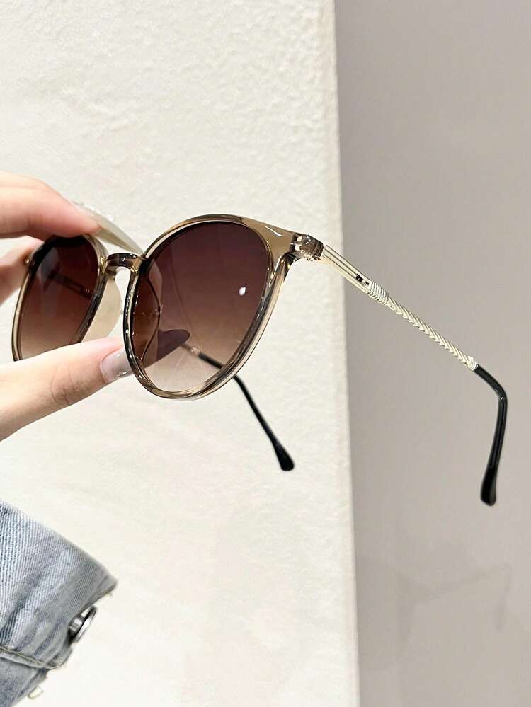 1 Pair Plastic & Metal Round Frame Gradient Lens Modern Minimalist Style Women's Fashion Glasses , Suitable For Driving, Street Photography, Vacation Outfits, Family Outings In Summer, Essential Summer Accessory, Fits All Face Shapes - 1pc Toucha Double Tea - View 2