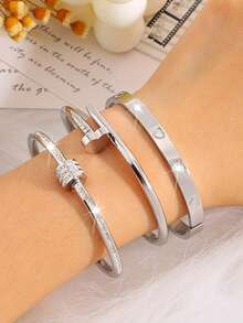 Bộ vòng tay thời trang đa năng bằng thép không gỉ, thích hợp làm quà tặng - Bạc - Xem 3