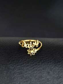 定制雏菊名字戒指 - 个性化草书字母珠宝，带花卉装饰，18K 镀金 201 不锈钢可调节开口戒指 - 婚礼、生日、周年纪念、复活节礼物 - 优雅的花卉名字项链 - 款式9 - 查看 3