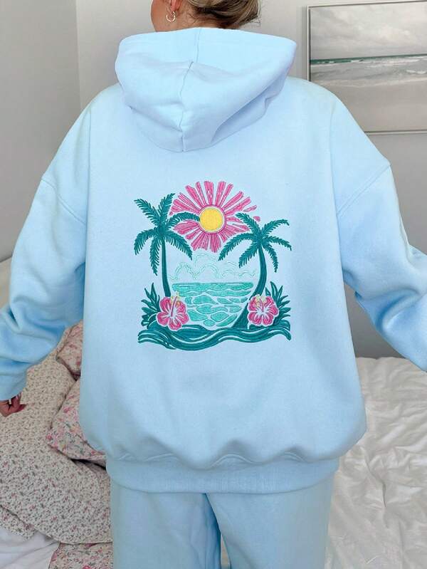 Women Teen Girls Preppy Hibiscus Graphic Hoodies Long Sleeve Oversized Embroidery Flower Sweatshirt Top Y2K Pullover Coastal Beach Hooded