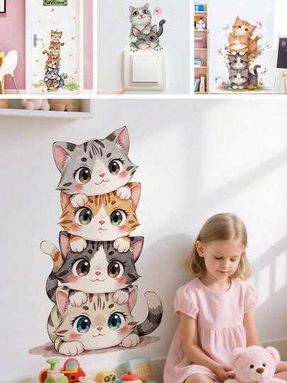 1 件可爱卡通堆叠猫墙贴，适用于儿童房 | 返校动物育儿室卧室装饰 | 易撕可粘贴乙烯基贴花 | 男婴女婴墙壁装饰