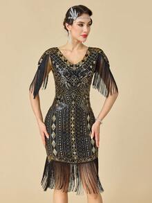 1920s Great Gatsby Dresses For Women, Vintage Long Fringe Dress Roaring 20s Sequins Beaded Dress - Gold - View 2
