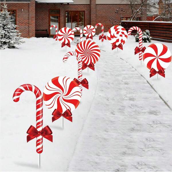 12Pcs Christmas Outdoor Yard Signs Peppermint And Candy Cane Yard Decorations With Stakes Xmas Yard Decorations Waterproof Candy Garden Sign For Pathway