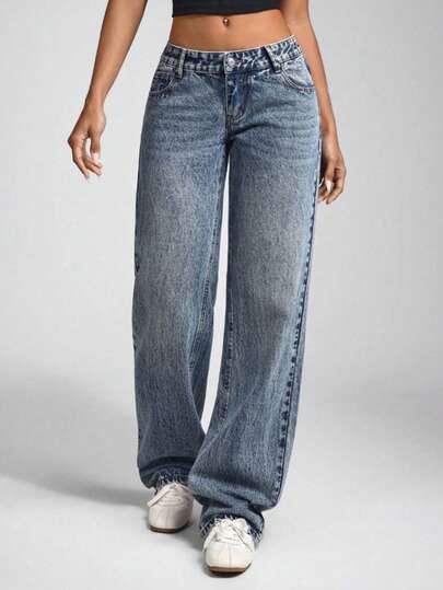 Teen Girls' Pocketed Wide Leg Loose Casual Versatile Simple Jeans