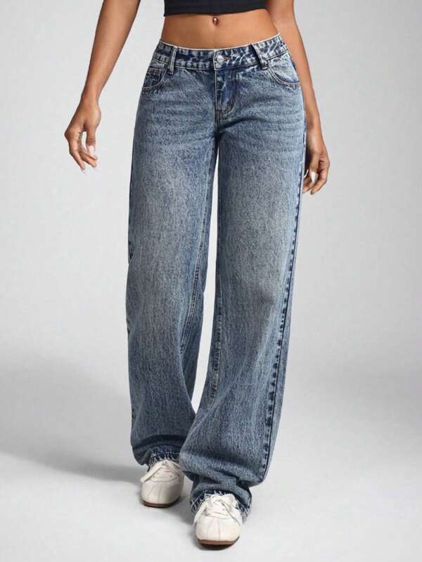 Teen Girls' Pocketed Wide Leg Loose Casual Versatile Simple Jeans