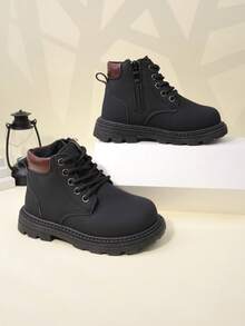 1 Pair Black Toddler/Kids Short Boots, Soft Suede PU Material, Front Lace-Up, Side Zipper, Round Toe, Soft Sole, Retro British Style, Warm & Cute, Suitable For Boys & Girls Everyday/School Wear, Autumn/Winter New - Black - View 3