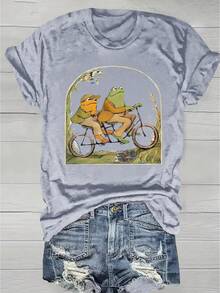 Vibrant Cartoon Frog Print Crew Neck T-Shirt - Soft Micro Elasticity Polyester Fabric, Regular Length, Casual Short Sleeve Top For Spring & Summer, Womens Fashion Clothing With Positioning Printing - 淺灰色 - 查看 1