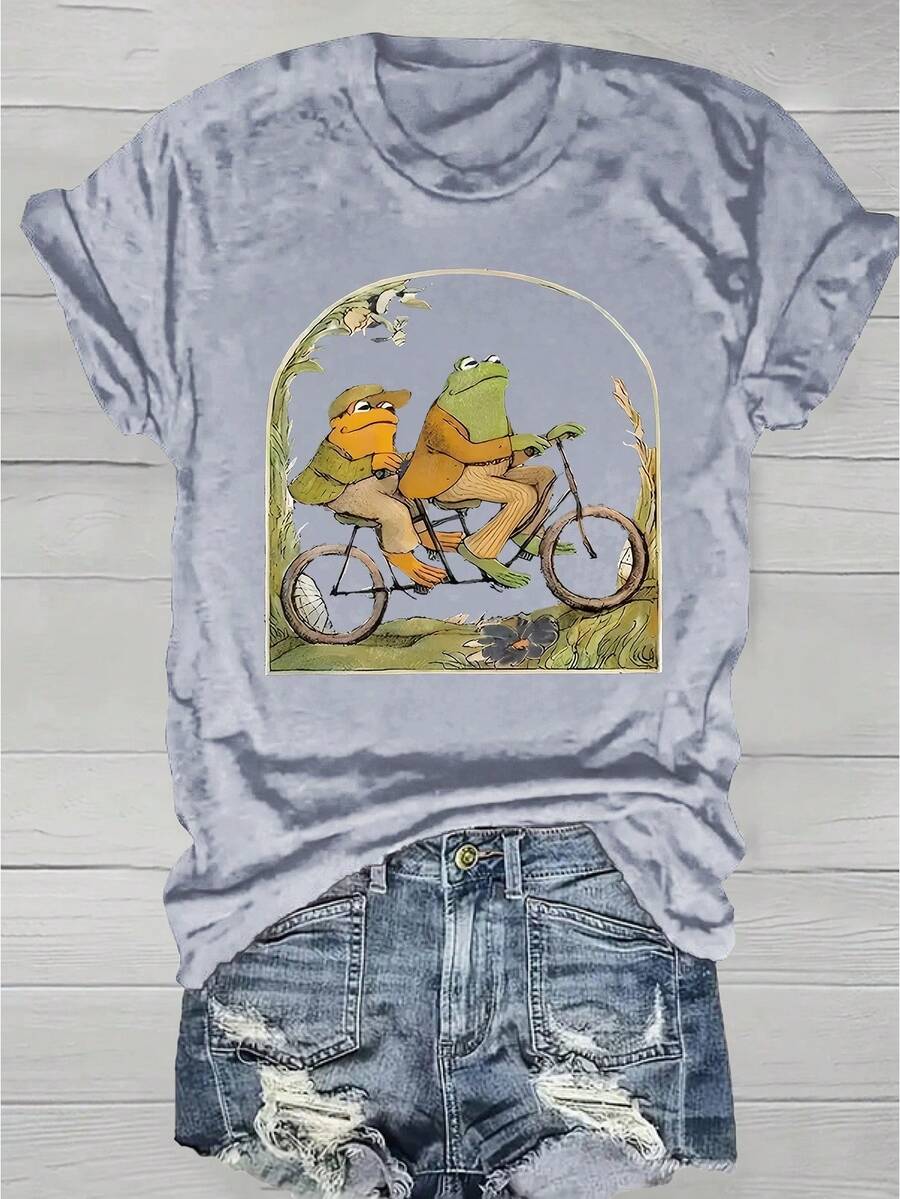 Vibrant Cartoon Frog Print Crew Neck T-Shirt - Soft Micro Elasticity Polyester Fabric, Regular Length, Casual Short Sleeve Top For Spring & Summer, Womens Fashion Clothing With Positioning Printing - 淺灰色 - 查看 1