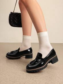 Women Black Patent Loafers Slip On Platform Chunky Heel Dress Work Business Casual School Preppy Loafers Autumn Shoes - 蒙特內哥羅 - 查看 4