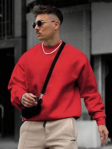 Christmas Outfit Womenchristmas Outfit WomenMen's Solid Color Pullover Sweatshirt, Casual Everyday Wear, For FallLoose And Comfortablewomen Winter Clotheswinter Clothes For Women - Red - View 4