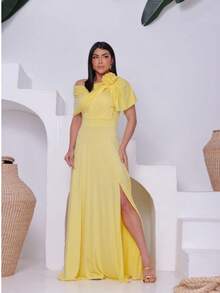 Women's Long Party Dress 3D Flower One Shoulder Cape Lined Cup Side Slit Simple Elegant Cloth Party Dress Wedding Party Graduation Prom Wedding Guest - 黃色 - 查看 7