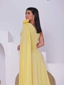 Women's Long Party Dress 3D Flower One Shoulder Cape Lined Cup Side Slit Simple Elegant Cloth Party Dress Wedding Party Graduation Prom Wedding Guest - 黃色 - 查看 8