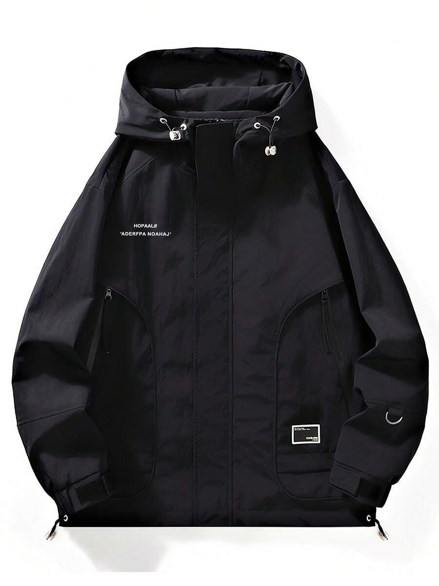 男士休闲夹克，连帽拉链运动休闲外套，适合日常休闲、户外活动和工作穿着，黑色，春季款 - 黑色 - 查看 1